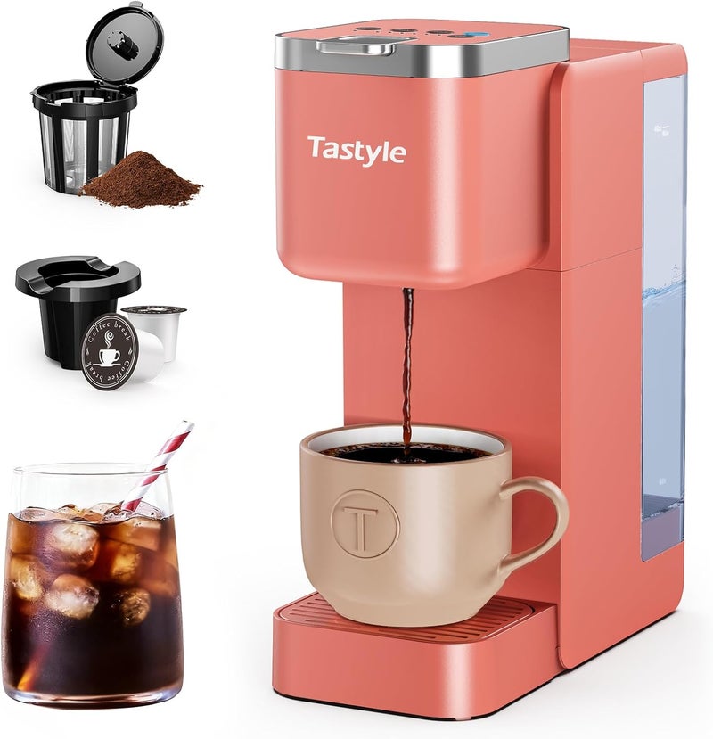 Tastyle Single Serve Coffee Maker, Iced and Hot Coffee Machine for K Cup & Grounds, Compact Design, 40oz Removable Water Reservoir, 6 to 24 Oz Brew Sizes, Fits 7.3" Travel Mug, Salmon - Image 1